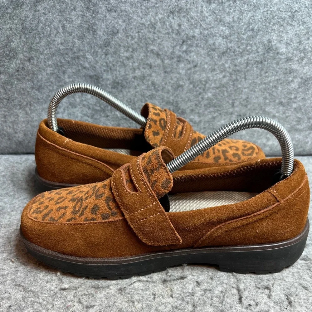 Orthofeet Womens Brown Suede Leopard Print Penny Loafers Orthopedic Shoes Size 8